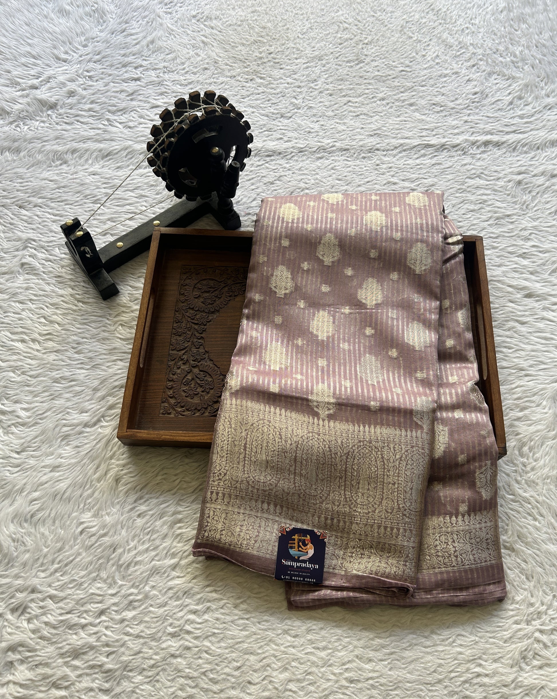 Maheshwari Chanderi Cotton Saree Dark Lavender Colored Elegantly Paired with a Zari Border. - Sampradaya Designer Studio