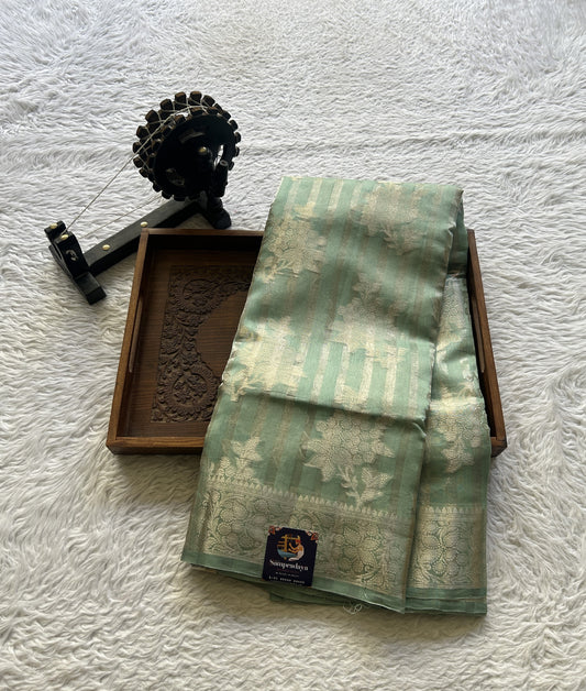 Maheshwari Chanderi Cotton Saree Aqua Green Colored Elegantly Paired with a Zari Border. - Sampradaya Designer Studio