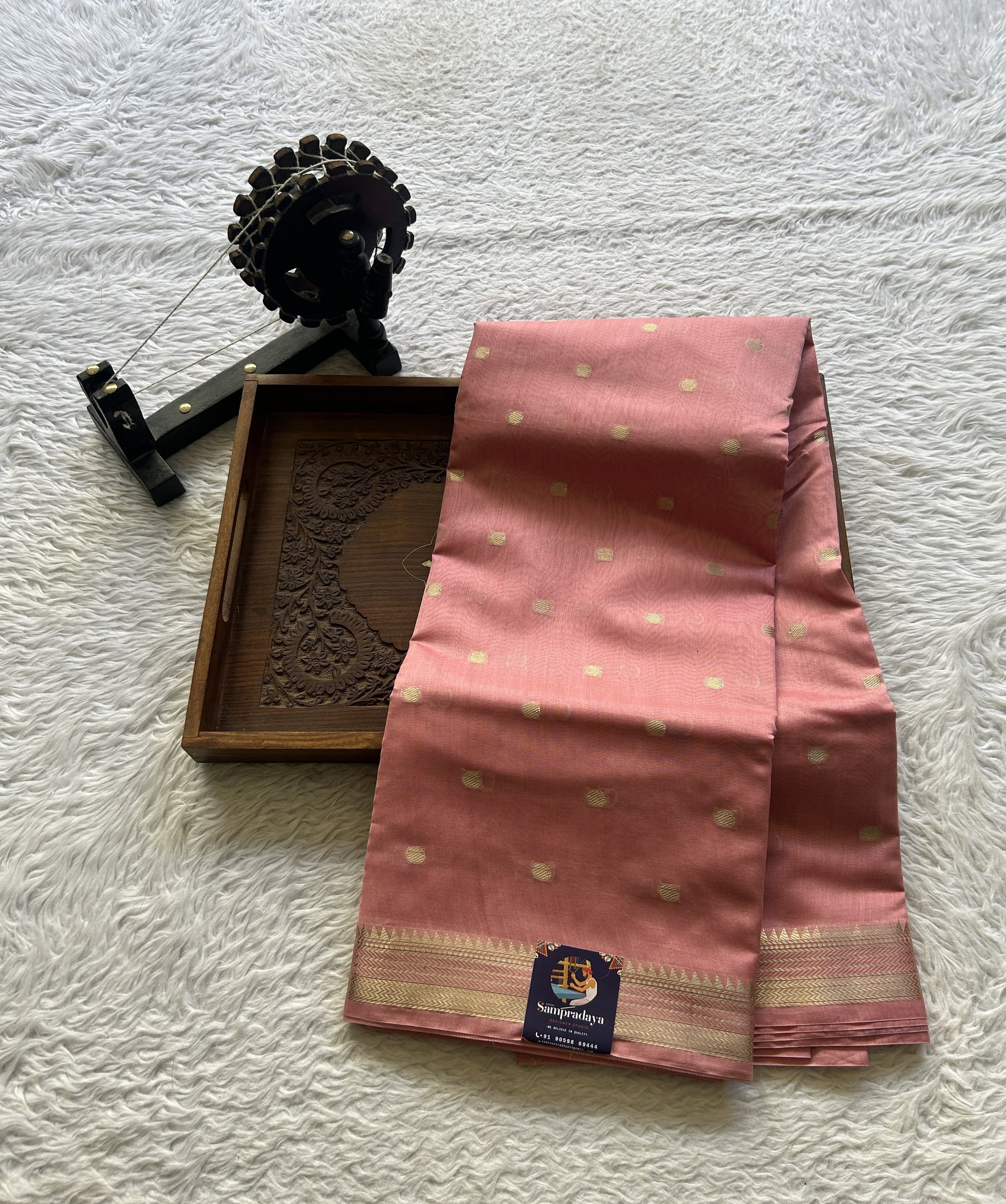 Maheshwari Chanderi Cotton Saree Light Pink Colored Elegantly Paired with a Zari Border. - Sampradaya Designer Studio