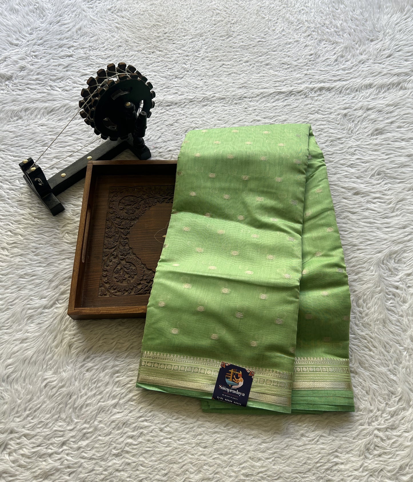 Maheshwari Chanderi Cotton Saree Light Green Colored Elegantly Paired with a Zari Border. - Sampradaya Designer Studio