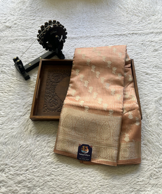 Maheshwari Chanderi Cotton Saree Coral Colored Elegantly Paired with a Zari Border. - Sampradaya Designer Studio