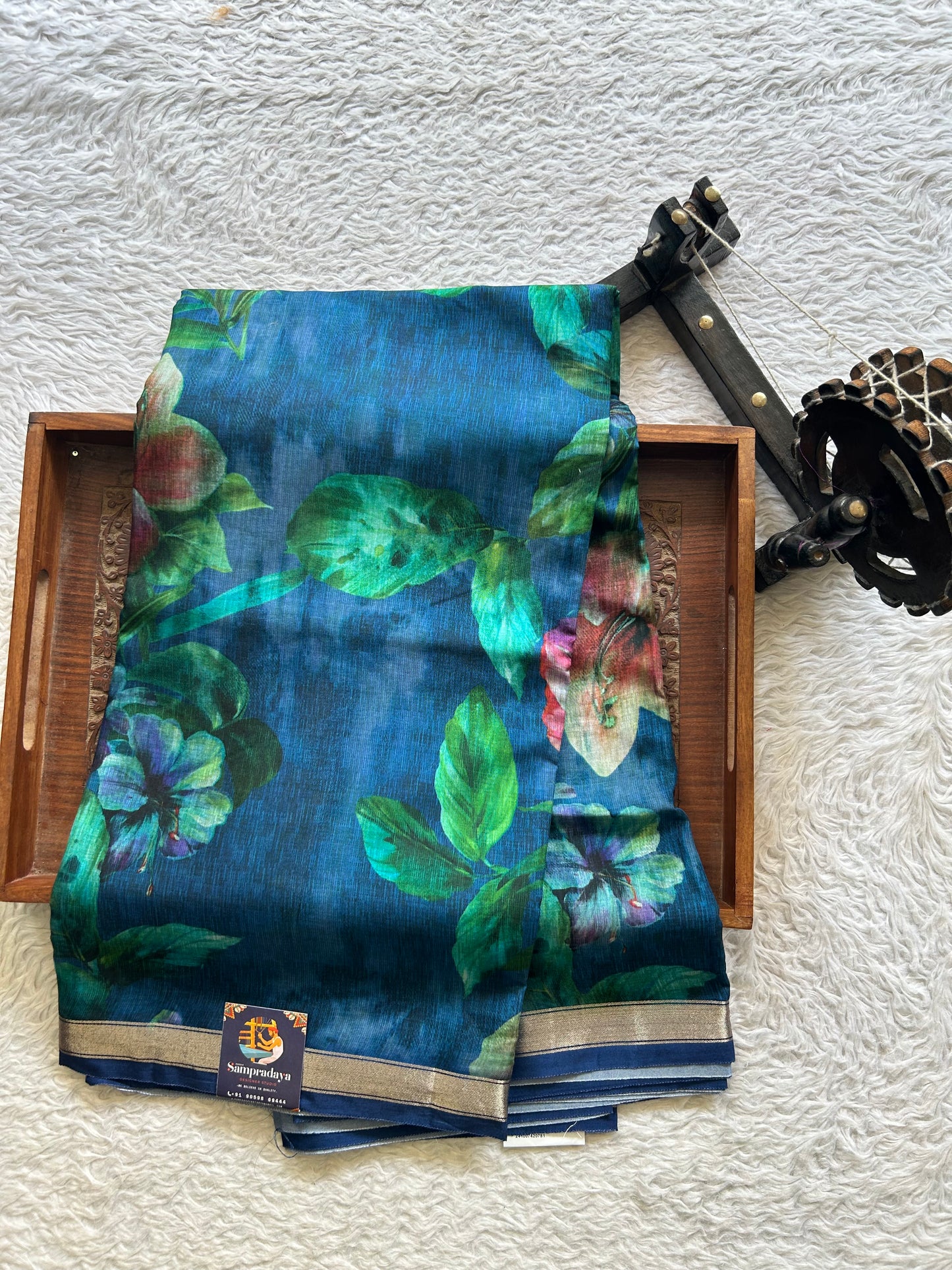 Banarasi Crepe Silk Saree Ink Blue Colored Elegantly Paired with a Gold Zari Border. - Sampradaya Designer Studio