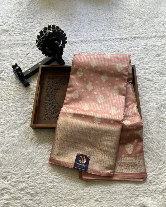 Maheshwari Chanderi Cotton Saree Pale Pink Colored Elegantly Paired with a Zari Border. - Sampradaya Designer Studio