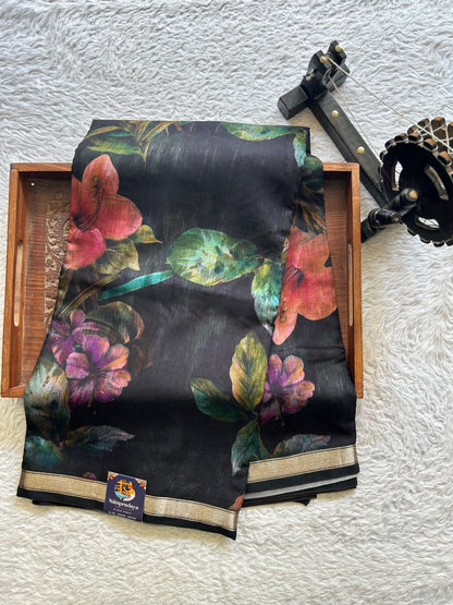 Banarasi Crepe Silk Saree Black Colored Elegantly Paired with a Gold Zari Border. - Sampradaya Designer Studio