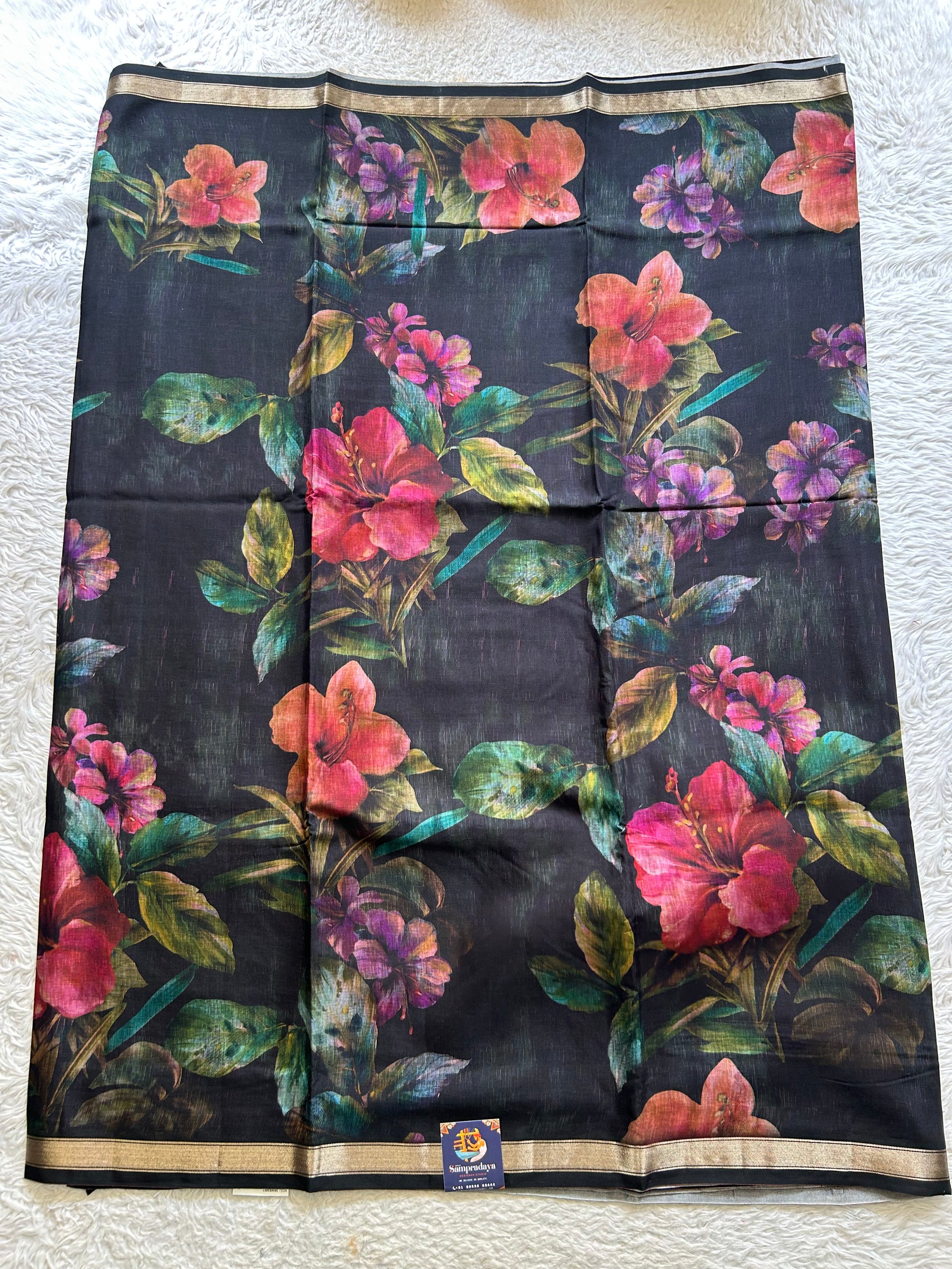 Banarasi Crepe Silk Saree Black Colored Elegantly Paired with a Gold Zari Border. - Sampradaya Designer Studio