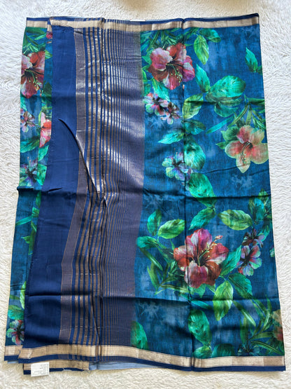 Banarasi Crepe Silk Saree Ink Blue Colored Elegantly Paired with a Gold Zari Border. - Sampradaya Designer Studio