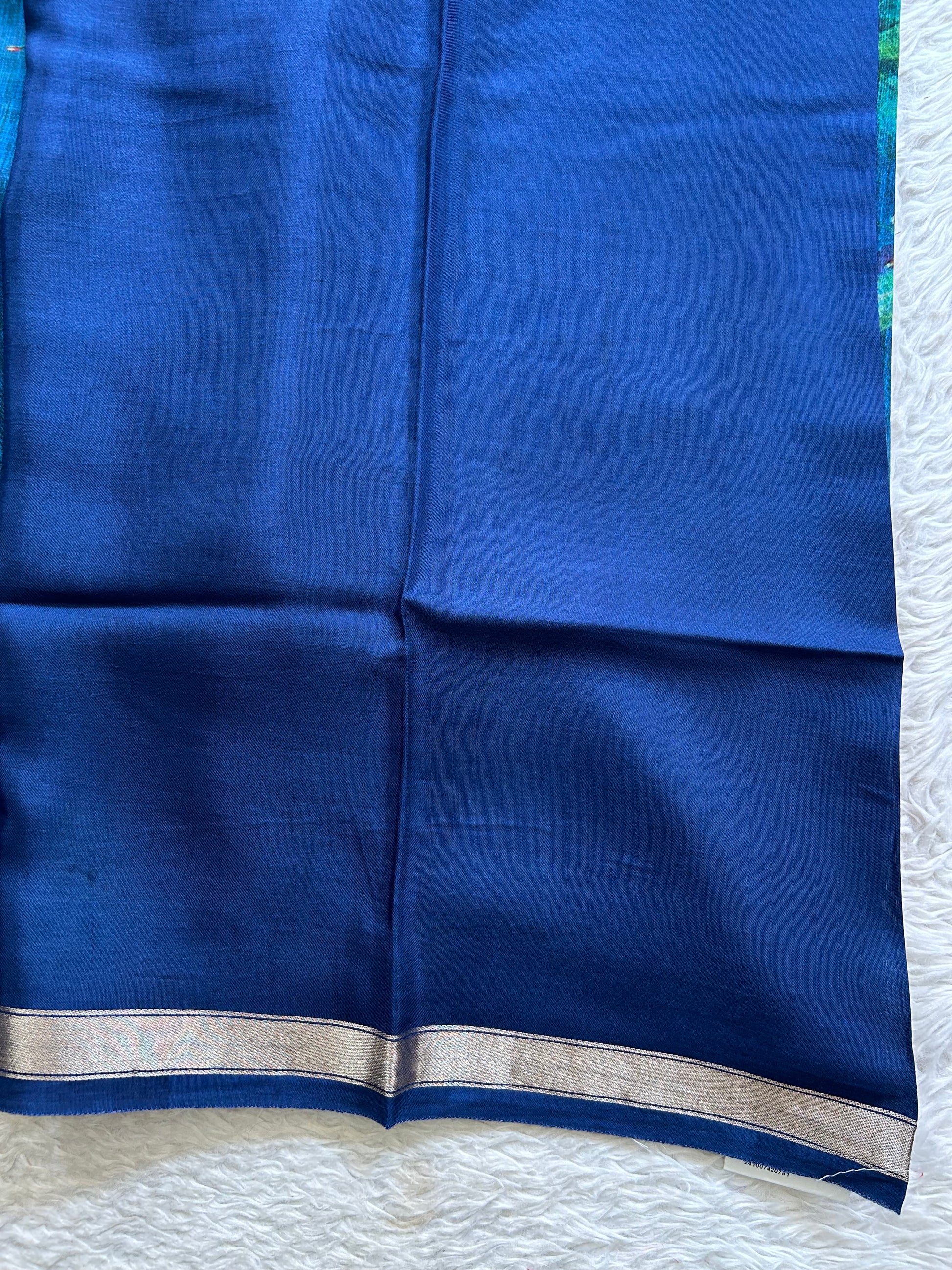Banarasi Crepe Silk Saree Ink Blue Colored Elegantly Paired with a Gold Zari Border. - Sampradaya Designer Studio