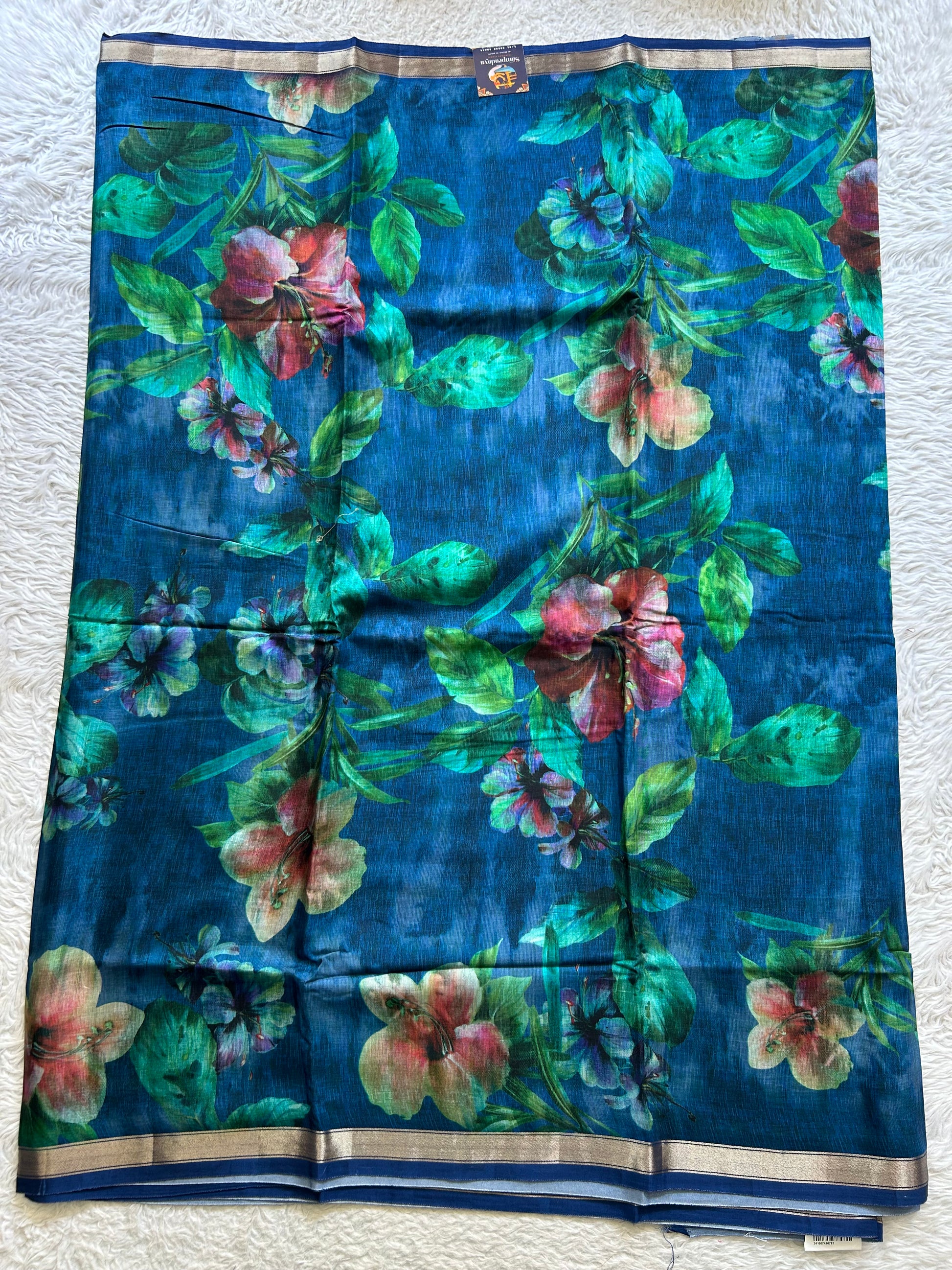 Banarasi Crepe Silk Saree Ink Blue Colored Elegantly Paired with a Gold Zari Border. - Sampradaya Designer Studio