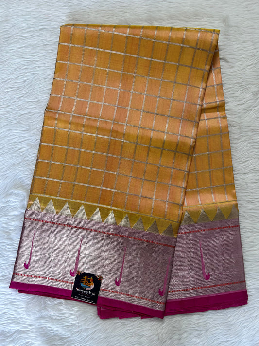 Venkatagiri Pattu Saree Sandalwood Colored Complemented With a Pattu Pink Color Zari Weaving Border - Sampradaya Designer Studio