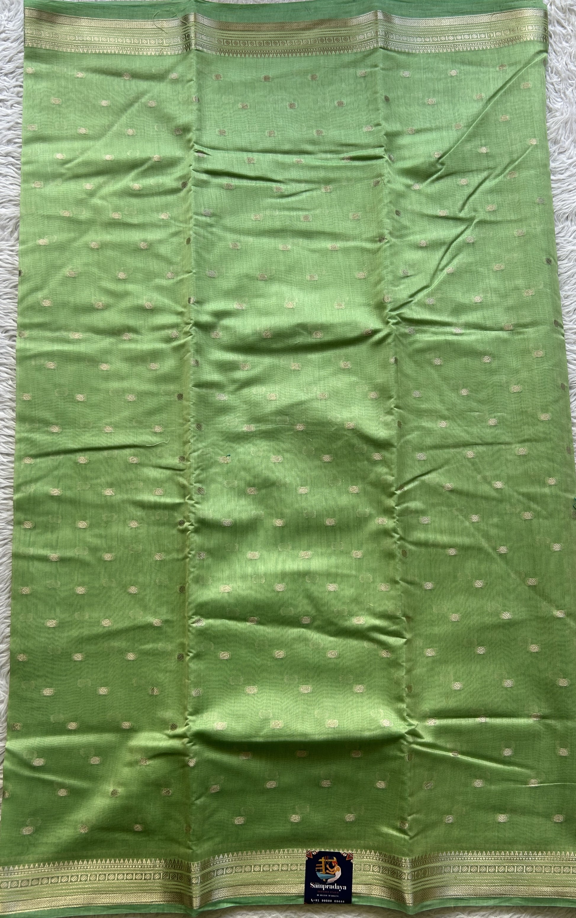 Maheshwari Chanderi Cotton Saree Light Green Colored Elegantly Paired with a Zari Border. - Sampradaya Designer Studio