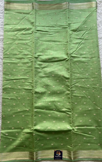 Maheshwari Chanderi Cotton Saree Light Green Colored Elegantly Paired with a Zari Border. - Sampradaya Designer Studio