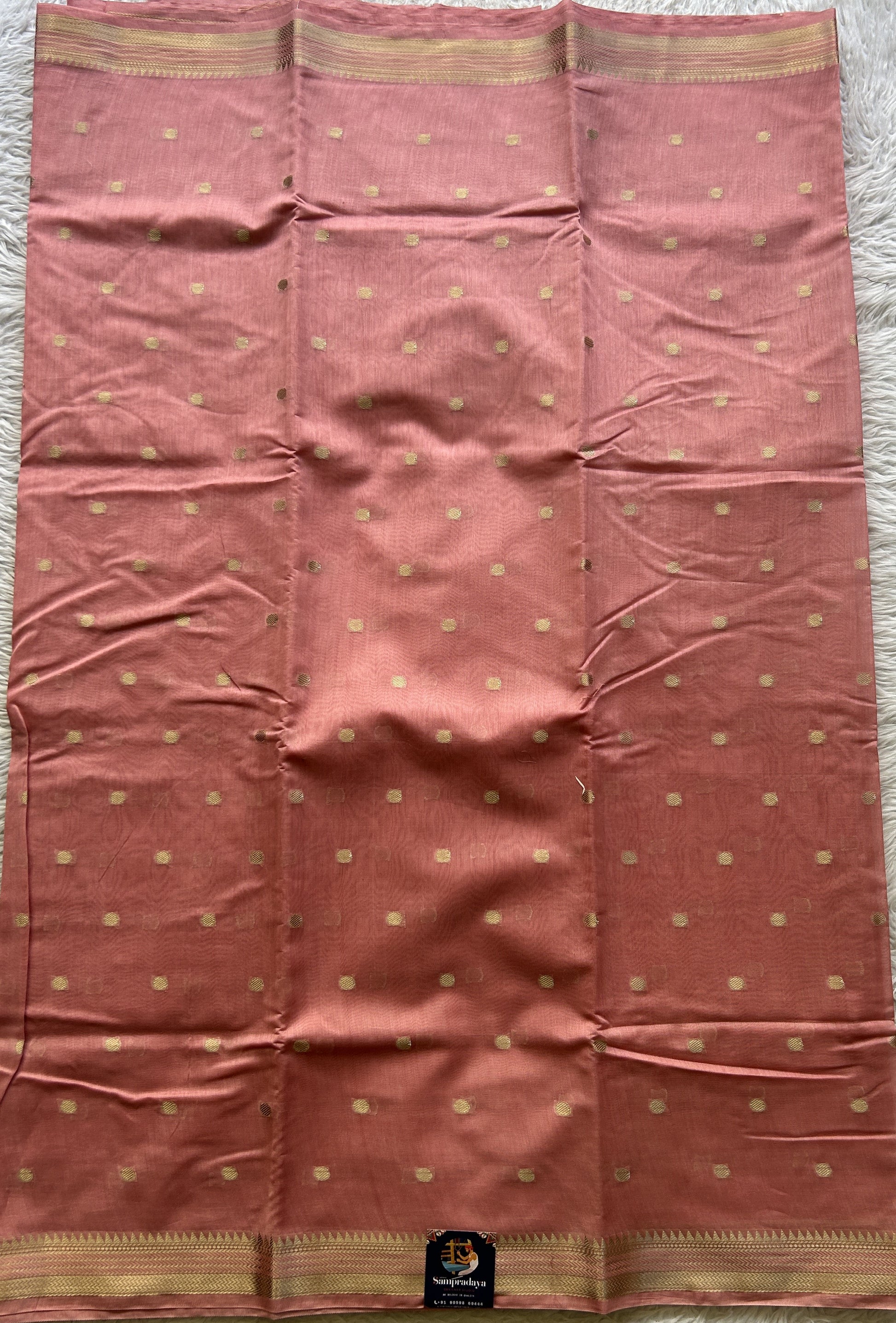 Maheshwari Chanderi Cotton Saree Light Pink Colored Elegantly Paired with a Zari Border. - Sampradaya Designer Studio