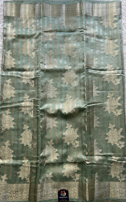 Maheshwari Chanderi Cotton Saree Aqua Green Colored Elegantly Paired with a Zari Border. - Sampradaya Designer Studio