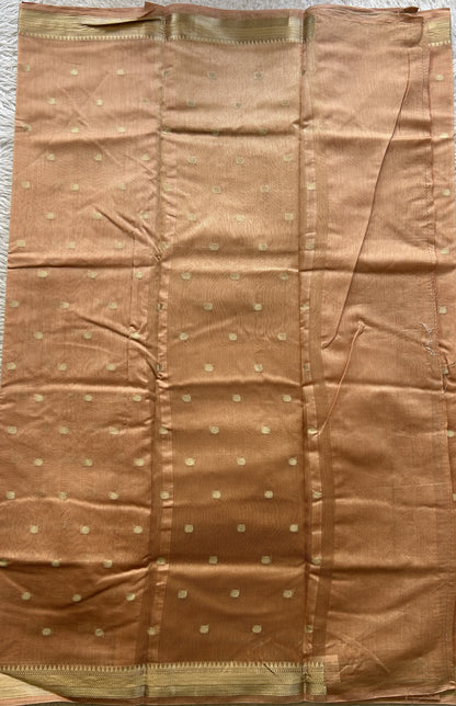 Maheshwari Chanderi Cotton Saree Deep Peach Colored Elegantly Paired with a Zari Border. - Sampradaya Designer Studio