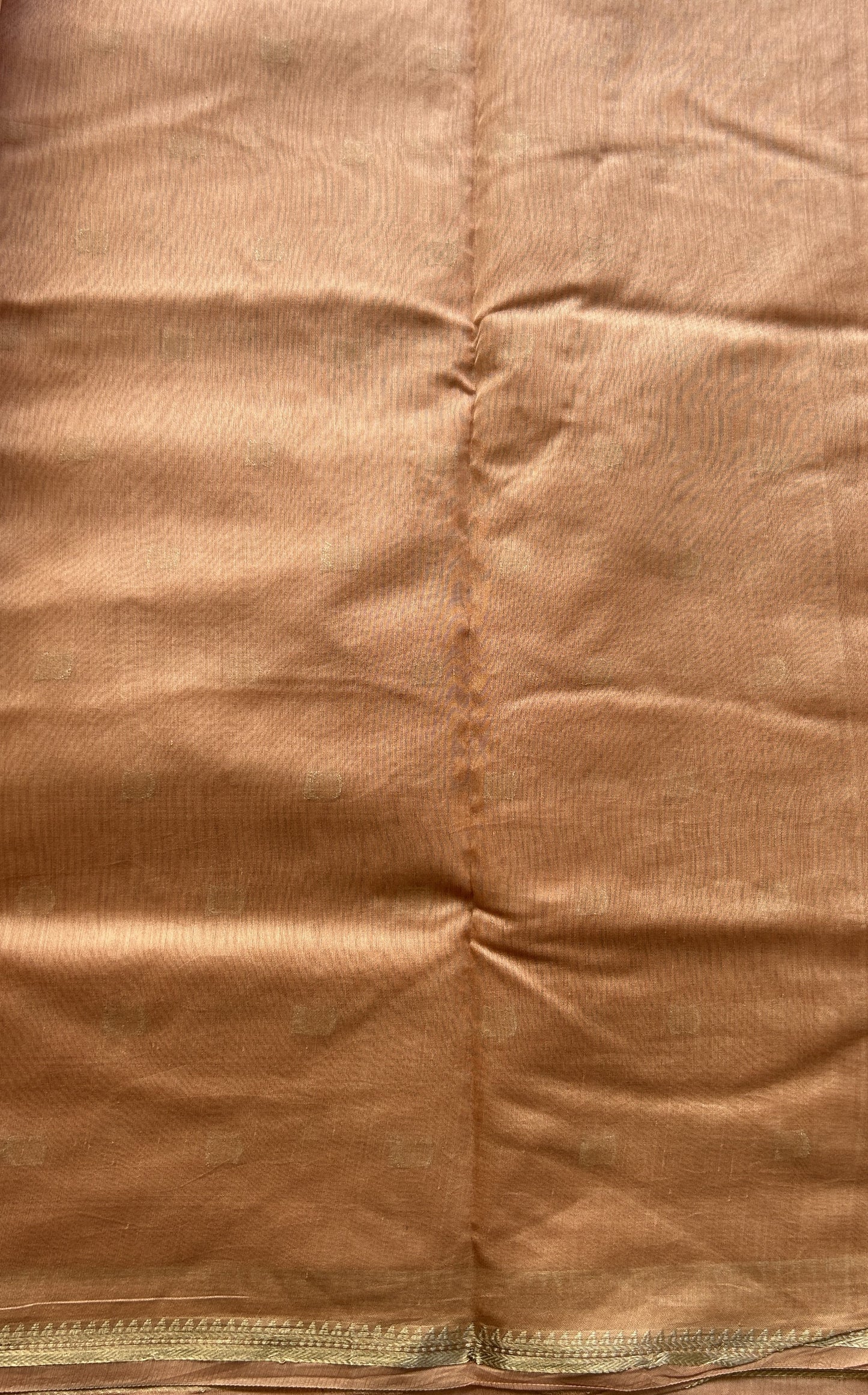 Maheshwari Chanderi Cotton Saree Deep Peach Colored Elegantly Paired with a Zari Border. - Sampradaya Designer Studio