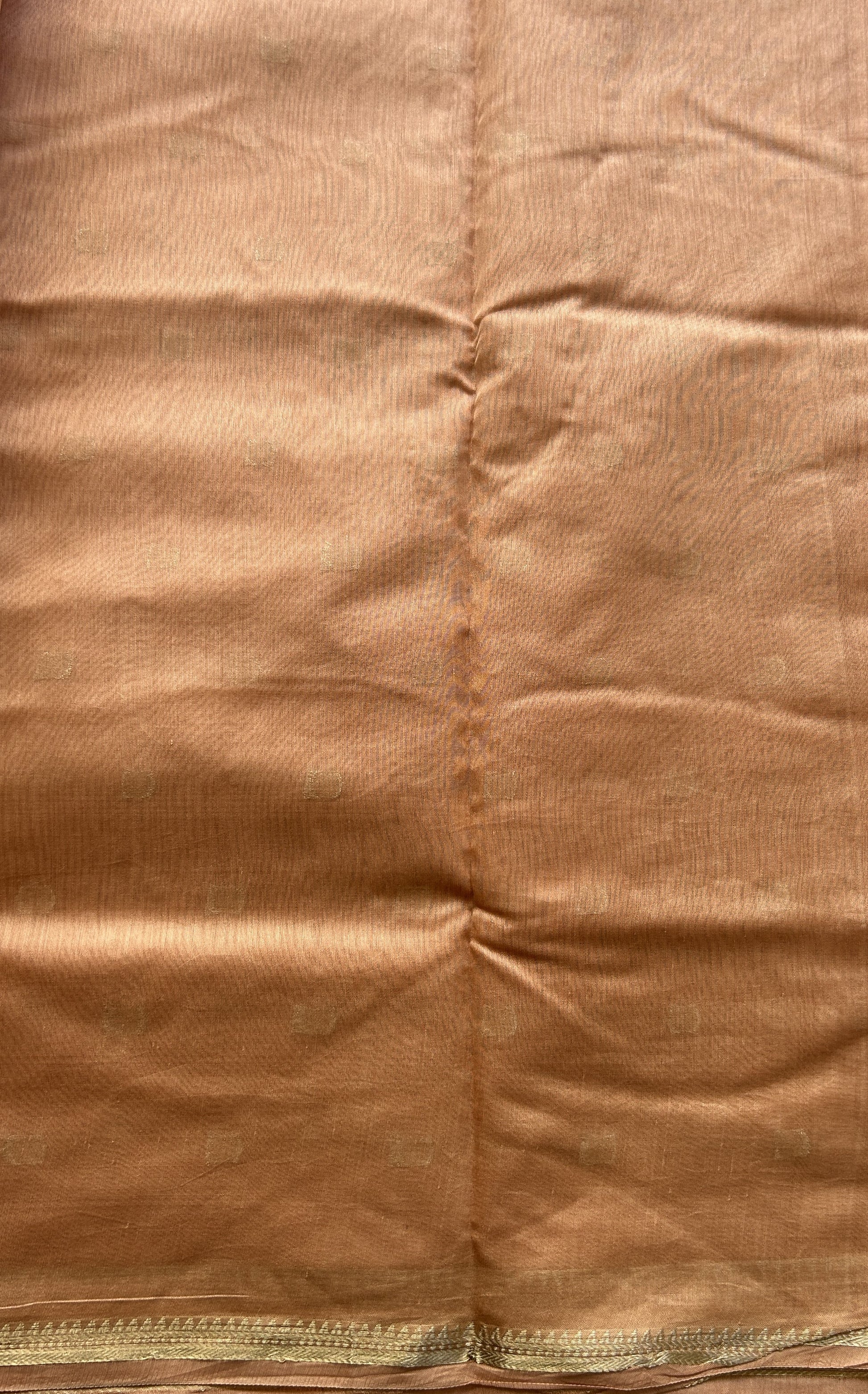 Maheshwari Chanderi Cotton Saree Deep Peach Colored Elegantly Paired with a Zari Border. - Sampradaya Designer Studio