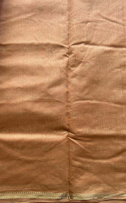 Maheshwari Chanderi Cotton Saree Deep Peach Colored Elegantly Paired with a Zari Border. - Sampradaya Designer Studio
