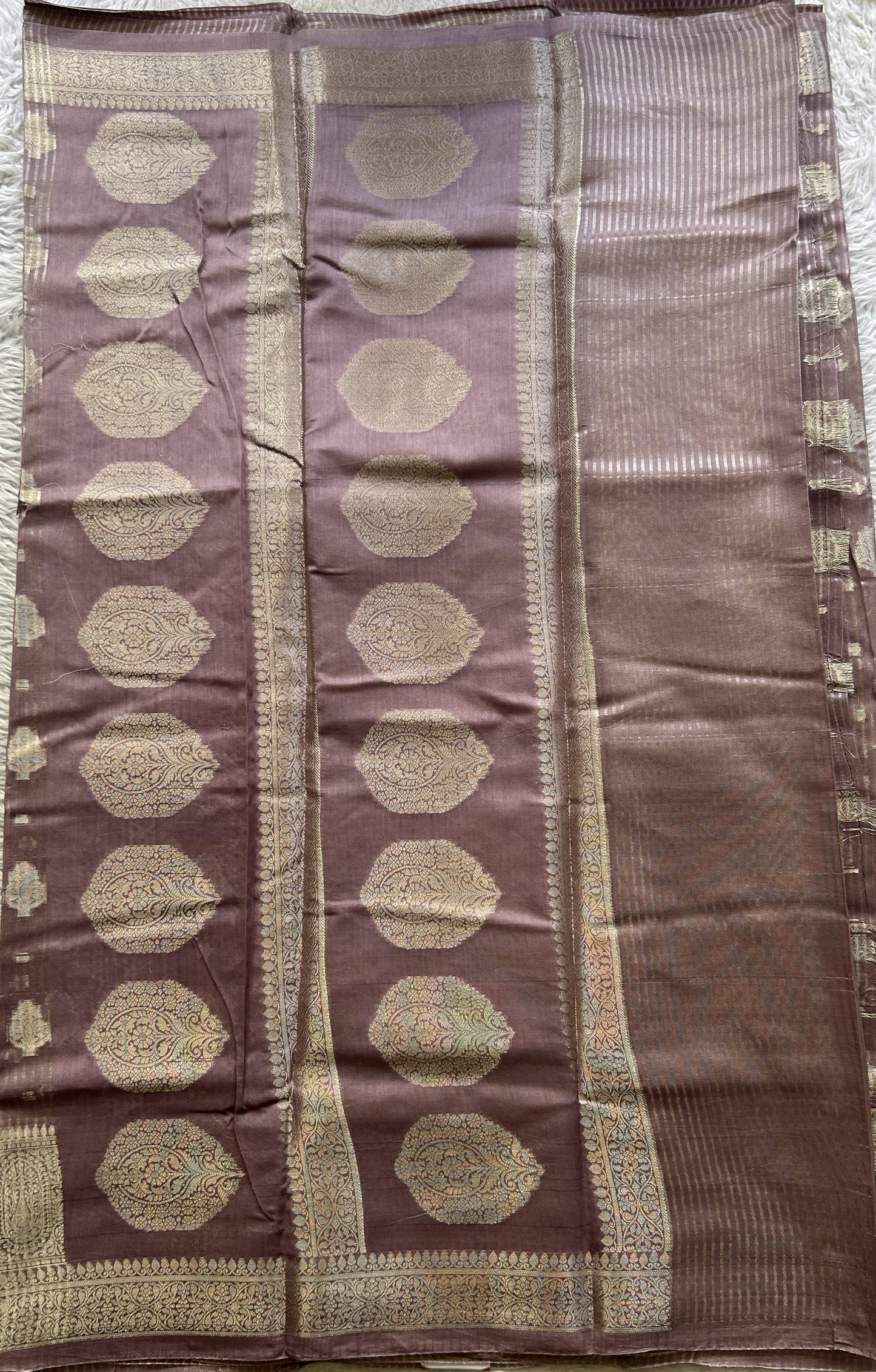 Maheshwari Chanderi Cotton Saree Dark Lavender Colored Elegantly Paired with a Zari Border. - Sampradaya Designer Studio