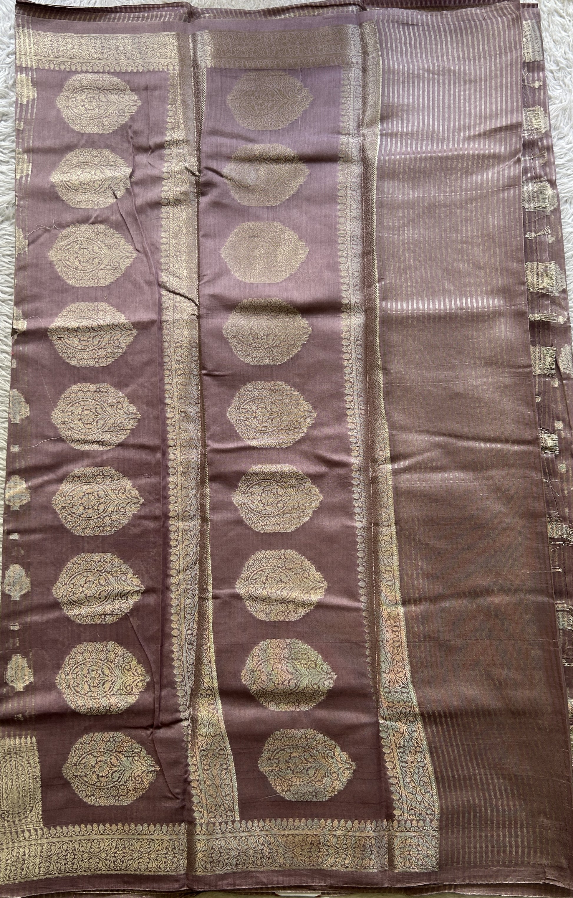 Maheshwari Chanderi Cotton Saree Dark Lavender Colored Elegantly Paired with a Zari Border. - Sampradaya Designer Studio