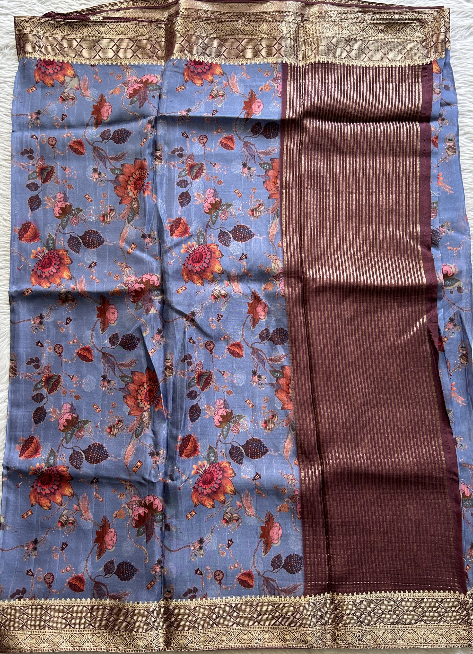 Banarasi Soft Silk Saree Blue Colored Complemented with a Zari Border. - Sampradaya Designer Studio