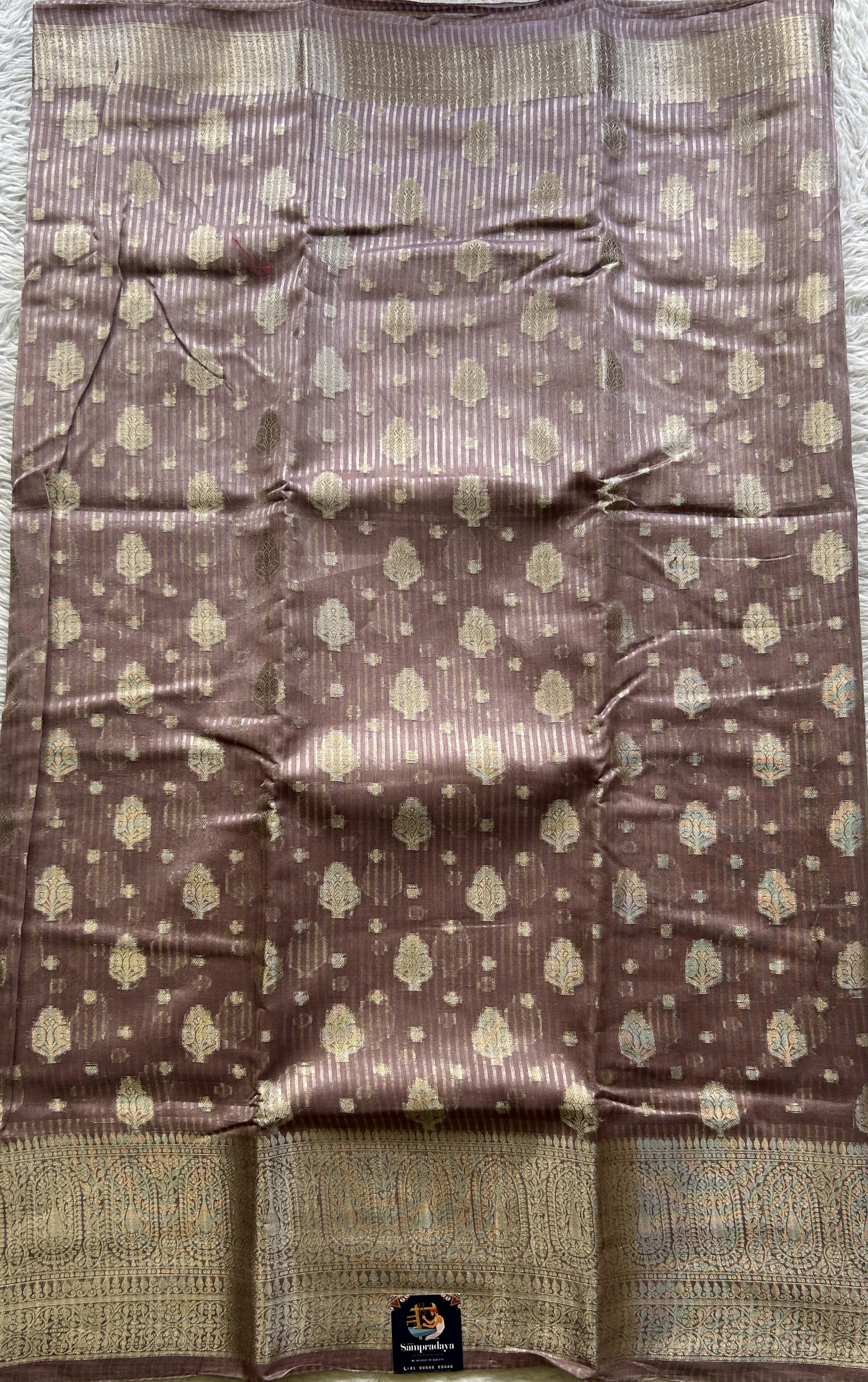 Maheshwari Chanderi Cotton Saree Dark Lavender Colored Elegantly Paired with a Zari Border. - Sampradaya Designer Studio