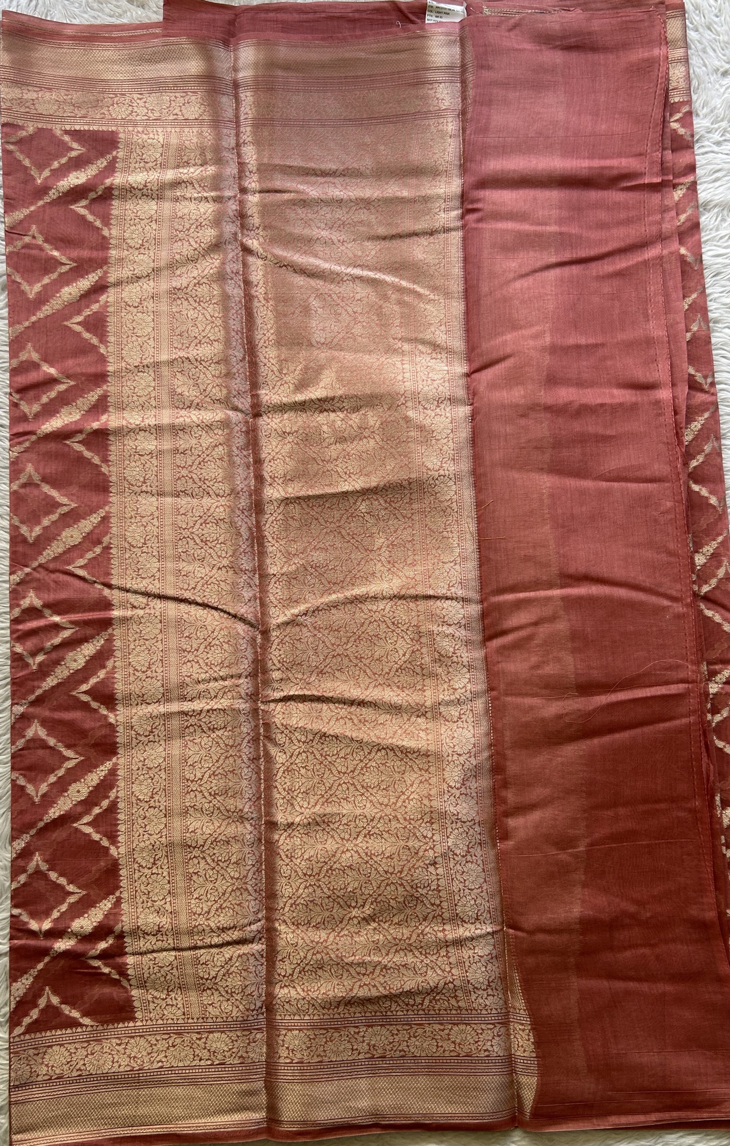 Maheshwari Chanderi Cotton Saree Dark Peach Colored Elegantly Paired with a Zari Border. - Sampradaya Designer Studio