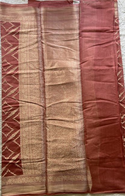 Maheshwari Chanderi Cotton Saree Dark Peach Colored Elegantly Paired with a Zari Border. - Sampradaya Designer Studio
