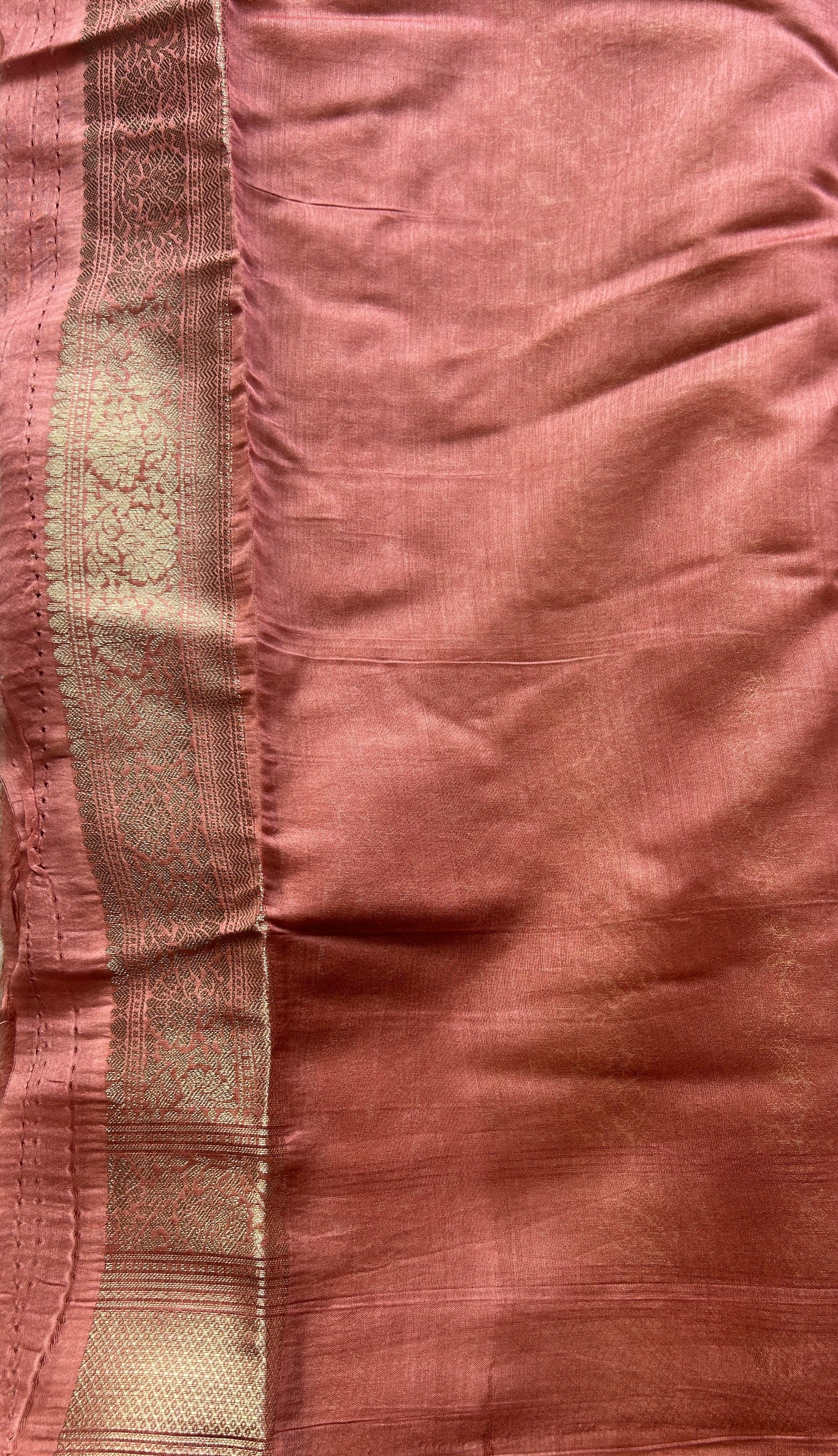 Maheshwari Chanderi Cotton Saree Dark Peach Colored Elegantly Paired with a Zari Border. - Sampradaya Designer Studio