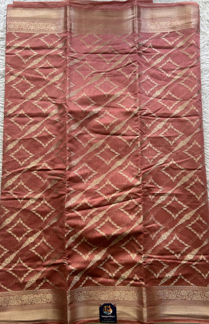 Maheshwari Chanderi Cotton Saree Dark Peach Colored Elegantly Paired with a Zari Border. - Sampradaya Designer Studio