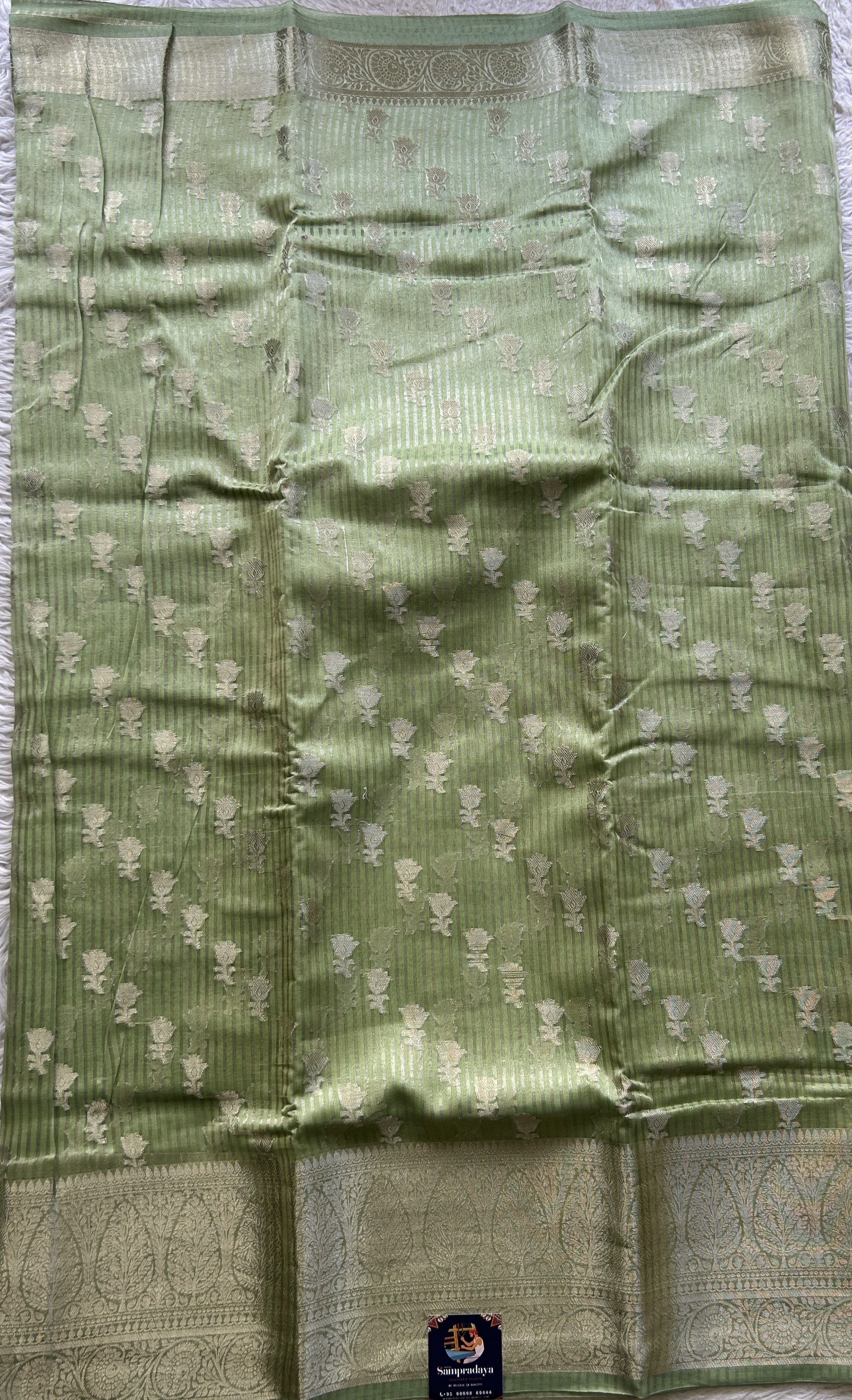 Maheshwari Chanderi Cotton Saree Light Green Colored Elegantly Paired with a Zari Border. - Sampradaya Designer Studio