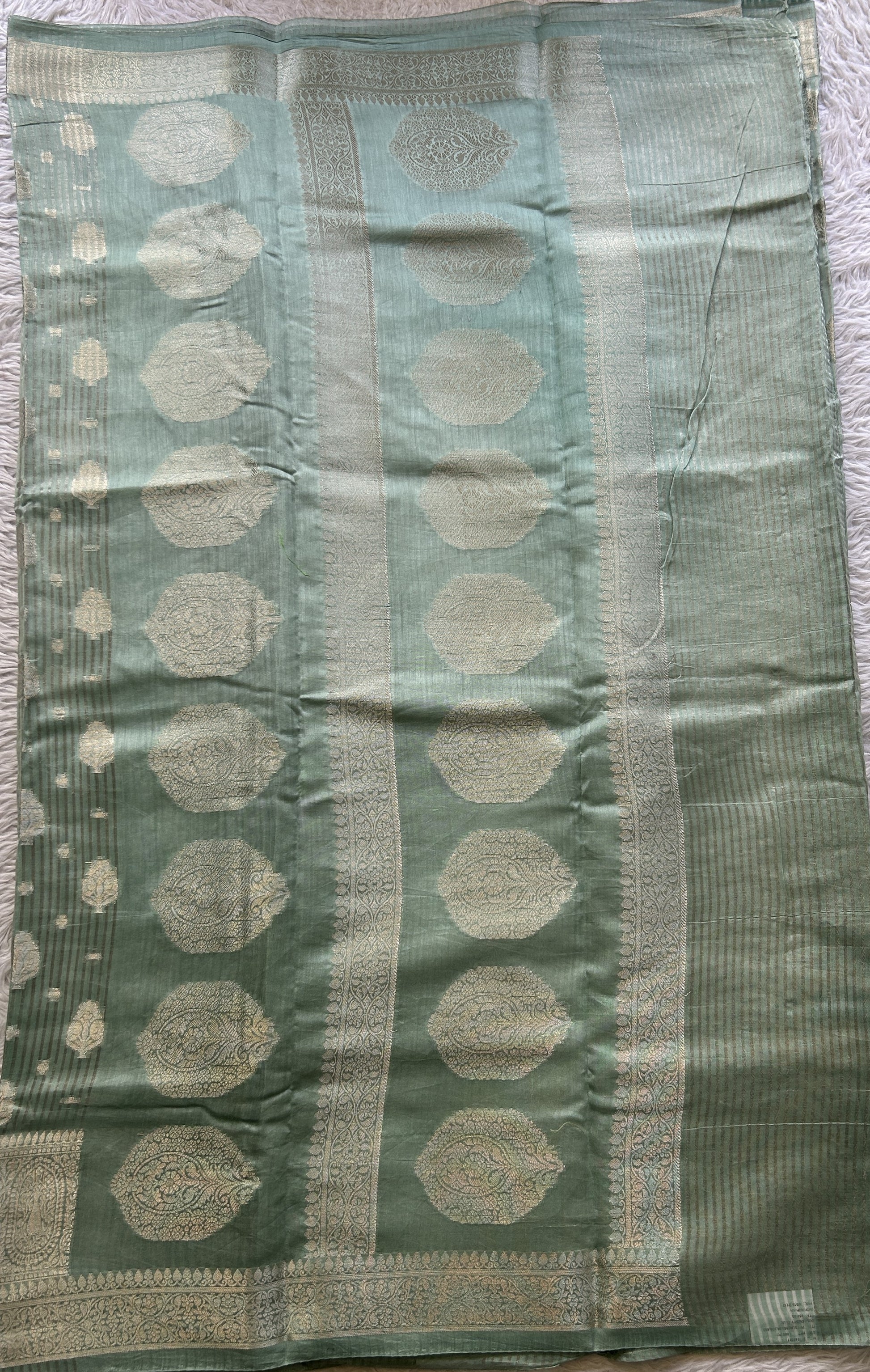 Maheshwari Chanderi Cotton Saree Sea Green Colored Elegantly Paired with a Zari Border. - Sampradaya Designer Studio