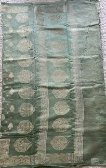 Maheshwari Chanderi Cotton Saree Sea Green Colored Elegantly Paired with a Zari Border. - Sampradaya Designer Studio