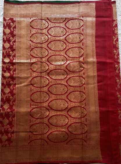 Chiniya Silk Allover Saree Red Colored Elegantly Paired with a Zari Border. - Sampradaya Designer Studio