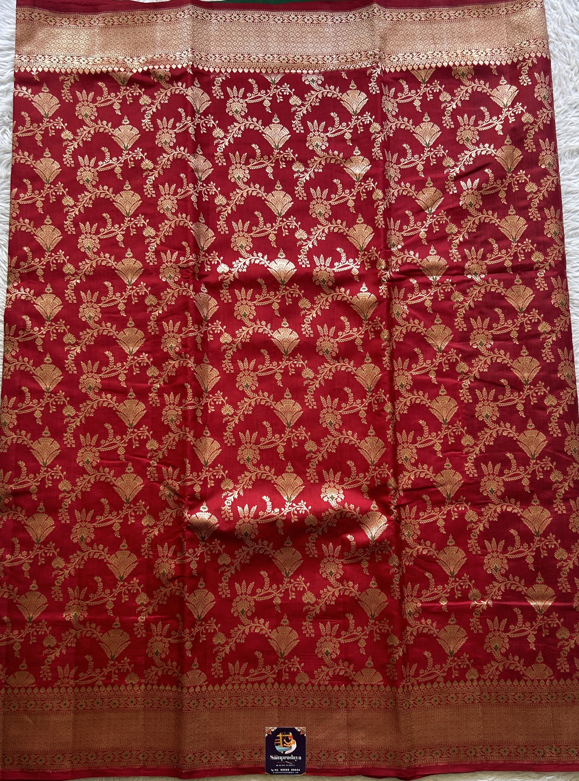 Chiniya Silk Allover Saree Red Colored Elegantly Paired with a Zari Border. - Sampradaya Designer Studio