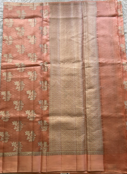 Chiniya Silk Saree Peach Colored Elegantly Paired with a Plain Border. - Sampradaya Designer Studio