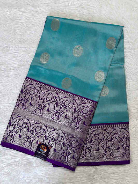 Venkatagiri Pattu Saree Aqua Blue Colored Complemented With a Pattu Dark Violet Color Kanchi Border - Sampradaya Designer Studio