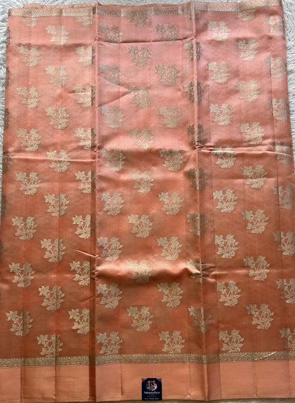 Chiniya Silk Saree Peach Colored Elegantly Paired with a Plain Border. - Sampradaya Designer Studio