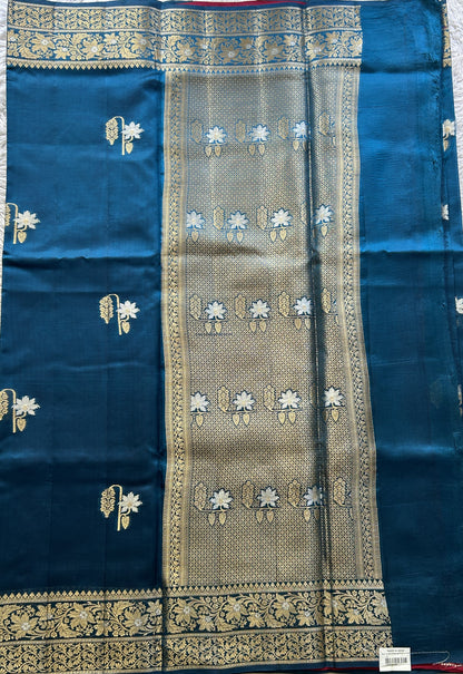 Chiniya Silk Saree Royal Blue Colored Elegantly Paired with a Zari Border. - Sampradaya Designer Studio