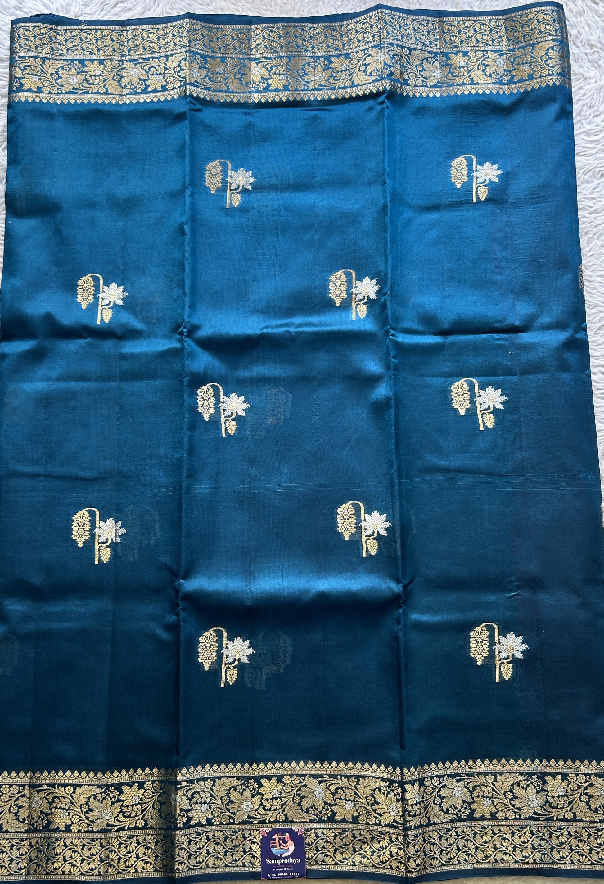 Chiniya Silk Saree Royal Blue Colored Elegantly Paired with a Zari Border. - Sampradaya Designer Studio