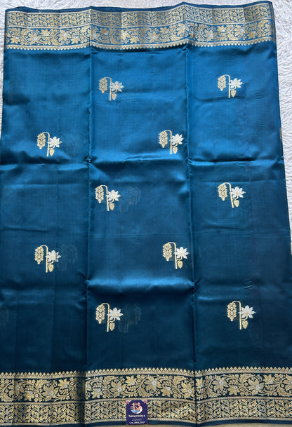 Chiniya Silk Saree Royal Blue Colored Elegantly Paired with a Zari Border. - Sampradaya Designer Studio
