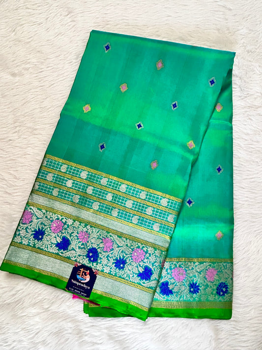 Venkatagiri Pattu Saree Aqua Green Colored Complemented With a Pattu Parrot Green Color Kanchi Border - Sampradaya Designer Studio