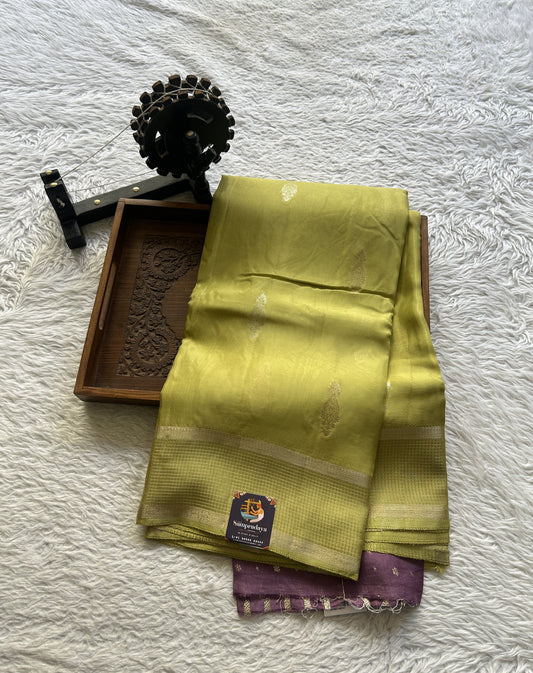 Satin Georgette Saree Lime Green Colored Elegantly Paired with a Zari Border. - Sampradaya Designer Studio
