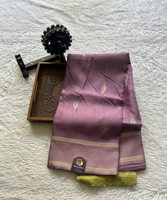 Satin Georgette Saree Lilac Colored Elegantly Paired with a Zari Border. - Sampradaya Designer Studio