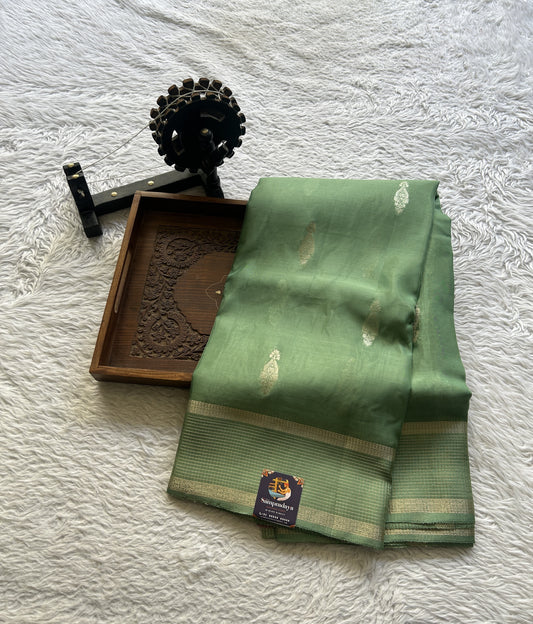 Satin Georgette Saree Light Green Colored Elegantly Paired with a Zari Border. - Sampradaya Designer Studio