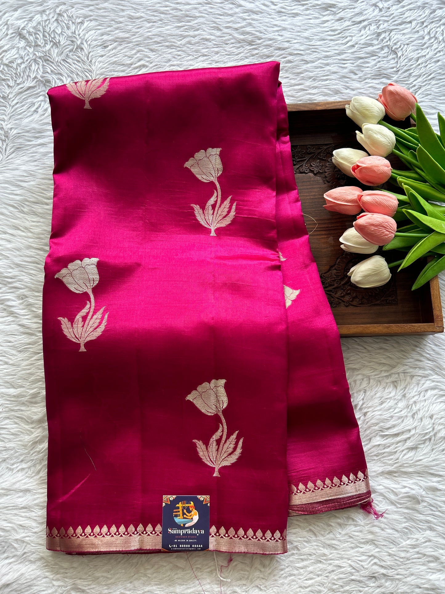 Raw Mango or Pooniya Silk Saree Dark Pink Colored Complemented With a Zari Border - Sampradaya Designer Studio