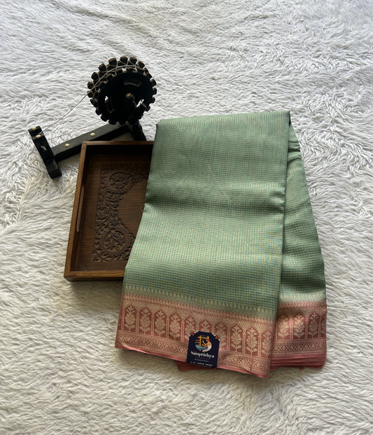 Viscose Georgette Saree Fern Colored Complemented with a Zari Border. - Sampradaya Designer Studio