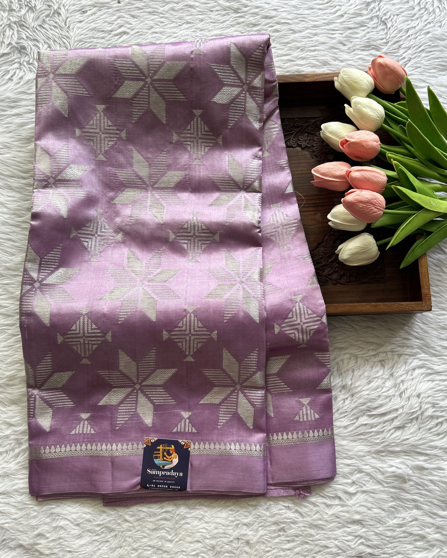 Dupion Silk Saree Lavender Colored Complemented with a Plain Border. - Sampradaya Designer Studio