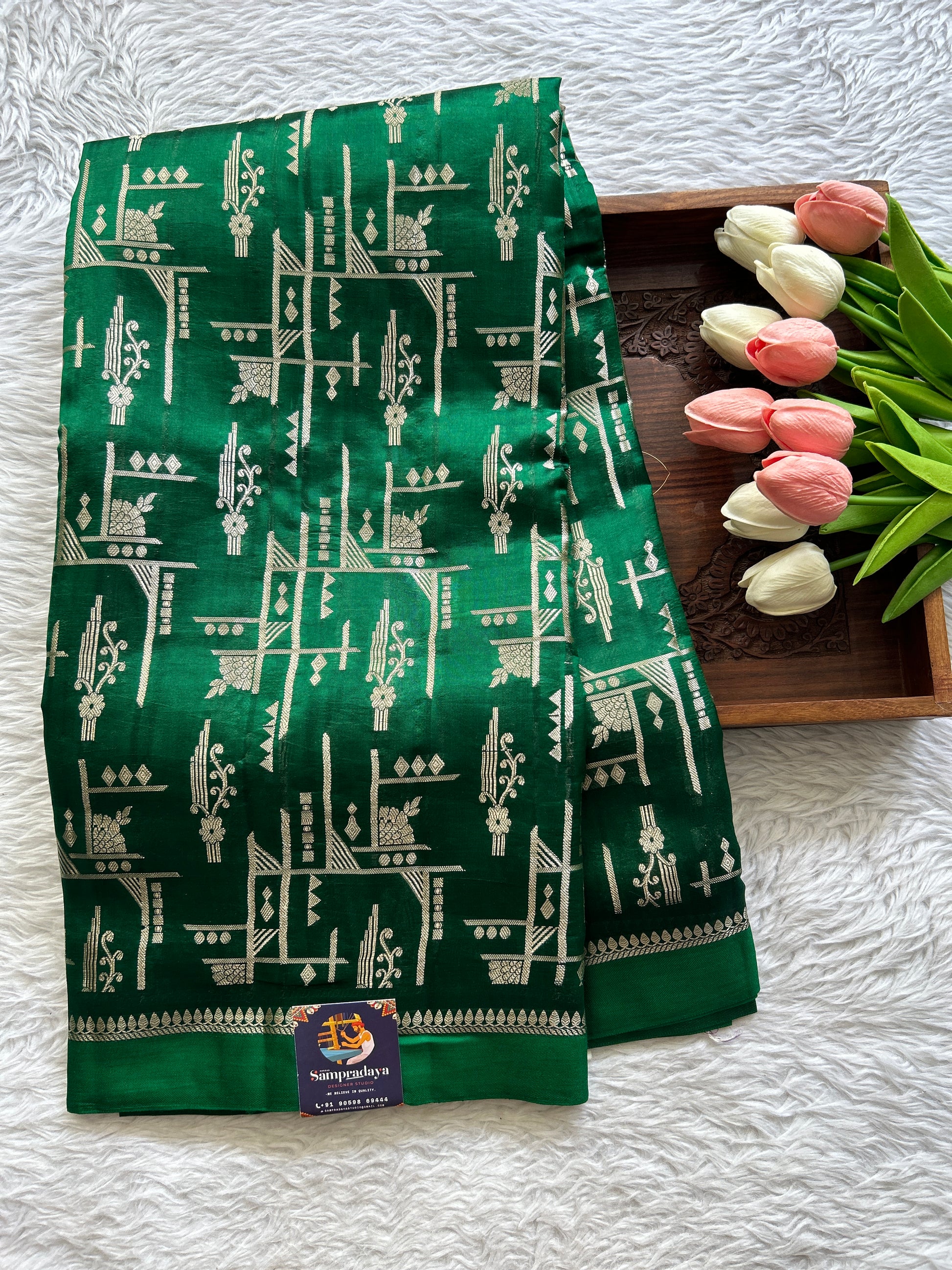 Dupion Silk Saree Bottle Green Colored Complemented with a Plain Border. - Sampradaya Designer Studio