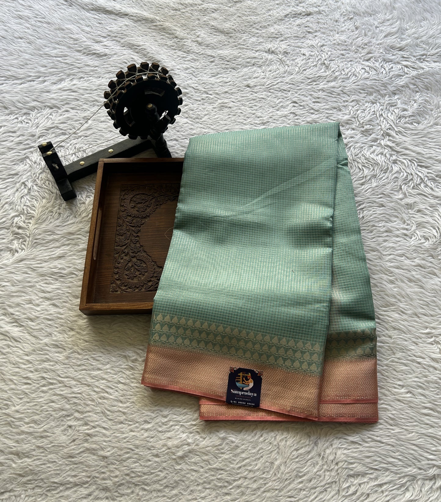 Viscose Georgette Saree Light Sky Blue Colored Complemented with a Peach Zari Border. - Sampradaya Designer Studio