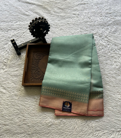 Viscose Georgette Saree Light Sky Blue Colored Complemented with a Peach Zari Border. - Sampradaya Designer Studio